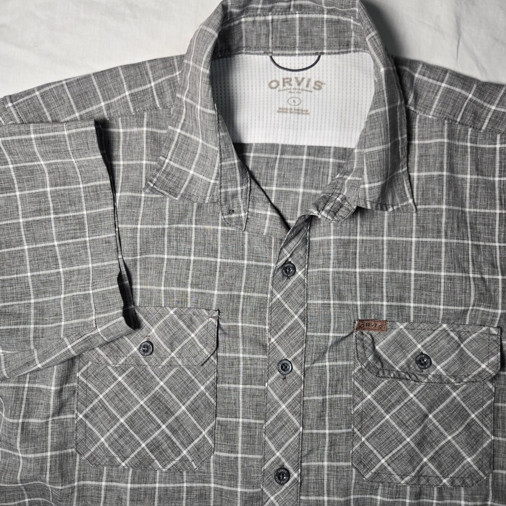 Orvis Shirt Mens Short Sleeve Plaid Button Down Grey Windowpane Size L‎ 1369167